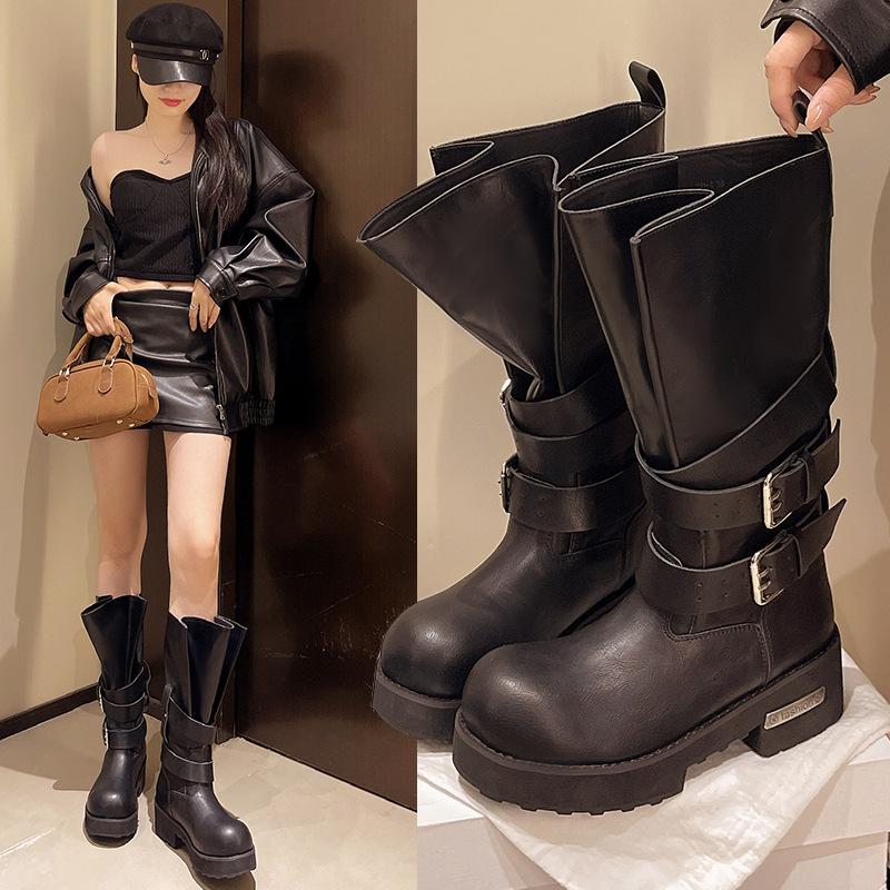 Dark retro belt buckle venom boots 2025 summer new bundle big tube circumference thick bottom heightening punk locomotive boots