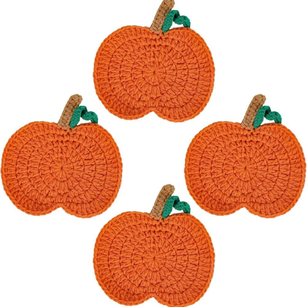 Set of 4 Autumn Pumpkin Coasters Handmade Crocheted Pumpkin Coasters Perfect for Harvest, Thanksgiving, Halloween, Home, Kitchen