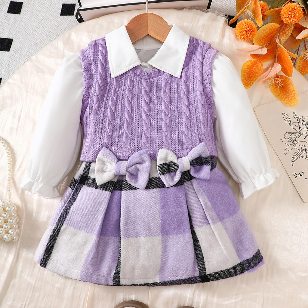 Children Girl Set Splicing Checkered Skirt Mini Bag Set Suitable Girls Autumn College Style Set