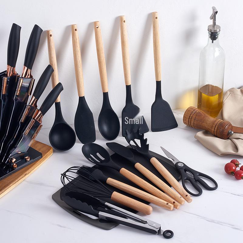 19-Piece Wooden Handle Silicone Kitchen Utensil Set with Spatulas, Spoons, Storage Bucket, and Knife Set