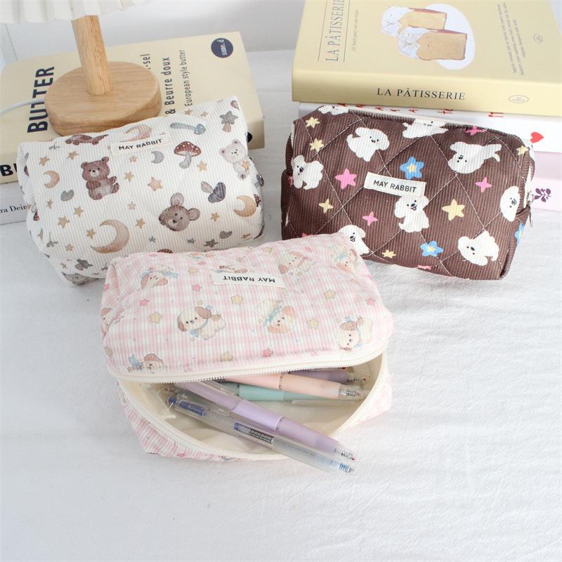 New Corduroy Makeup Bag Women's Cosmetics Organizer Student Pencil Case Cute Cartoon Stationery Pouch Inner Bag Travel Wash Bag