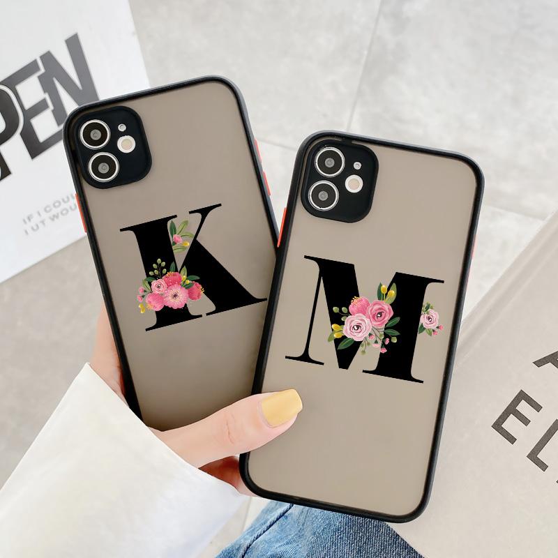 Black Letter Flower Matte Phone Case For iPhone 15 12 14 Pro Max Cases For iPhone 11 13 pro Back Cover fashion Shell Coque