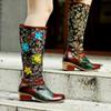 Johnature Handmade Color Printing Splice Flower Belt Buckle Comfortable Thick Heel Women Mid-calf Boots