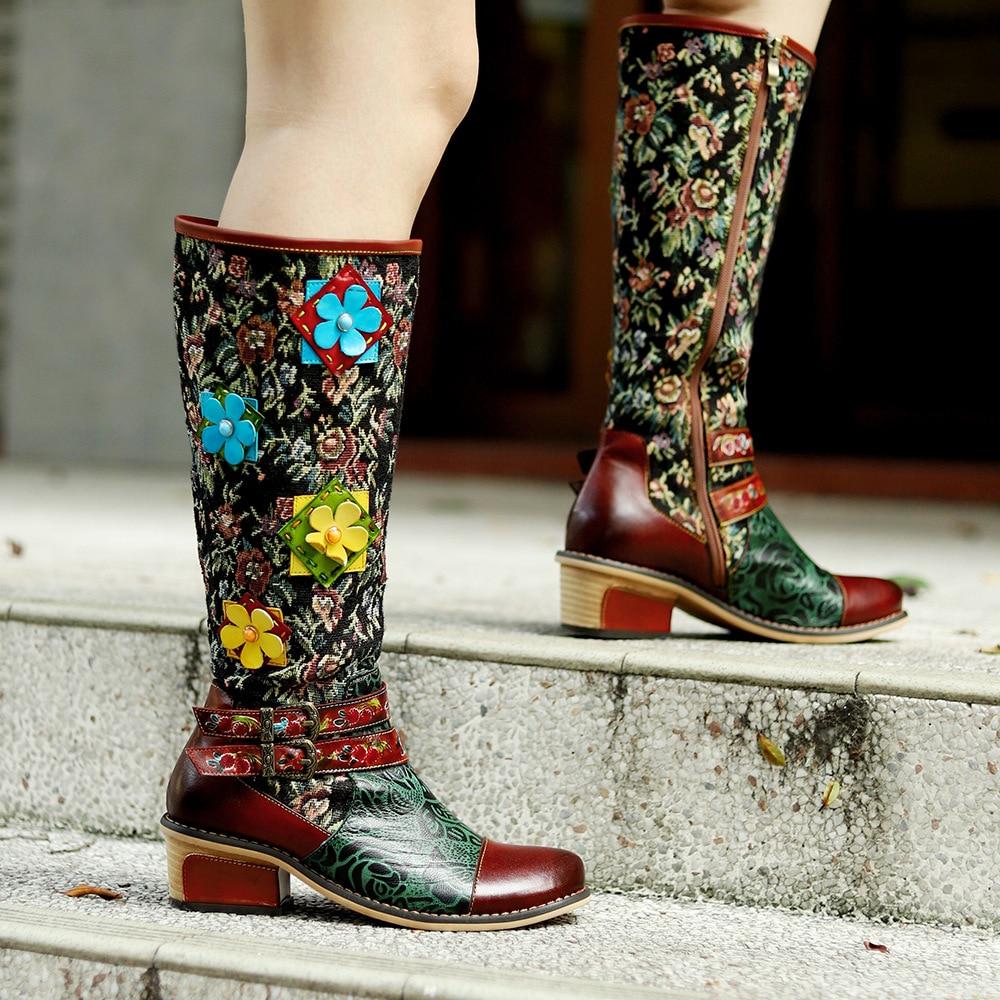 Johnature Handmade Color Printing Splice Flower Belt Buckle Comfortable Thick Heel Women Mid-calf Boots