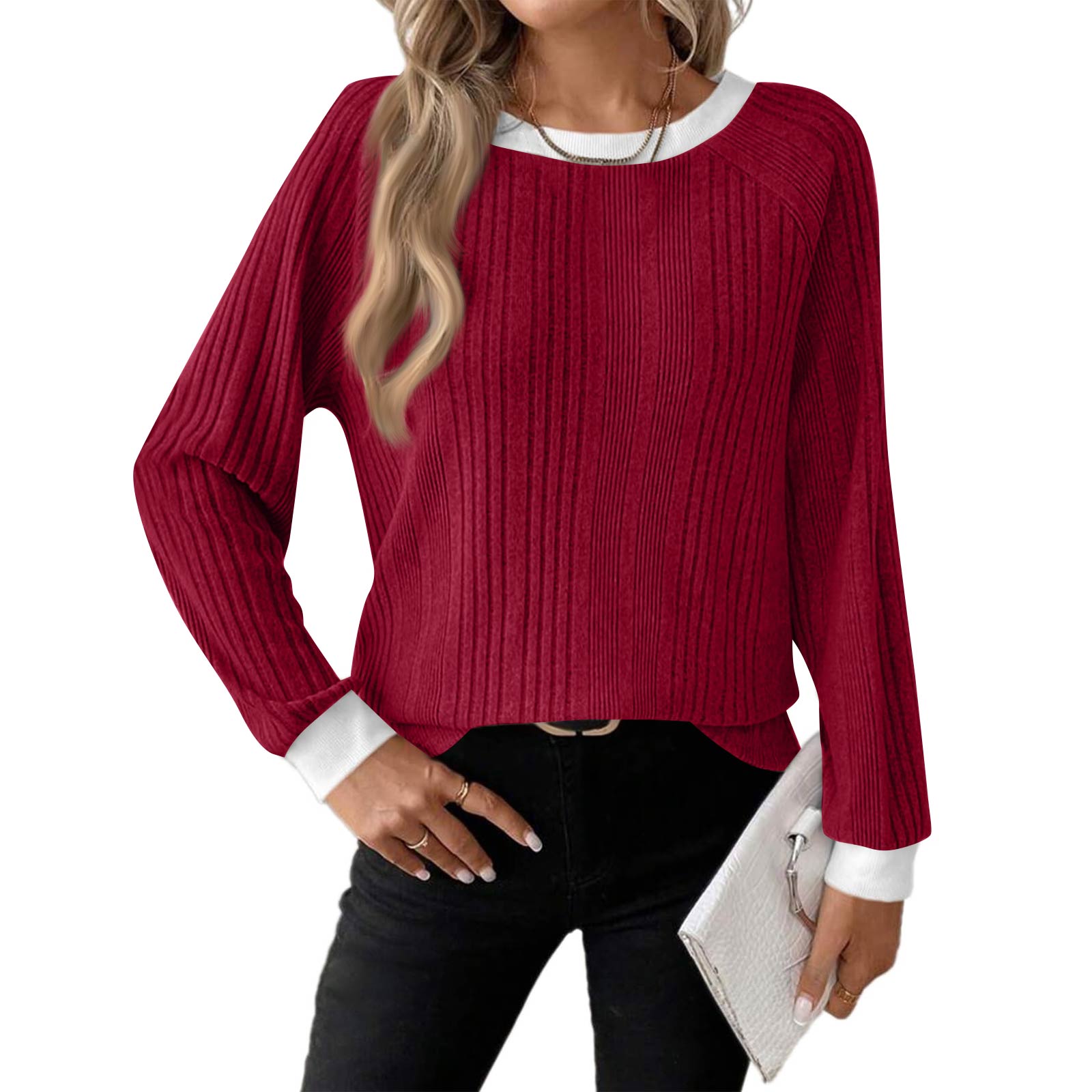 

Женский модный повседневный топ с круглым вырезом, однотонный, с длинным рукавом XL винный