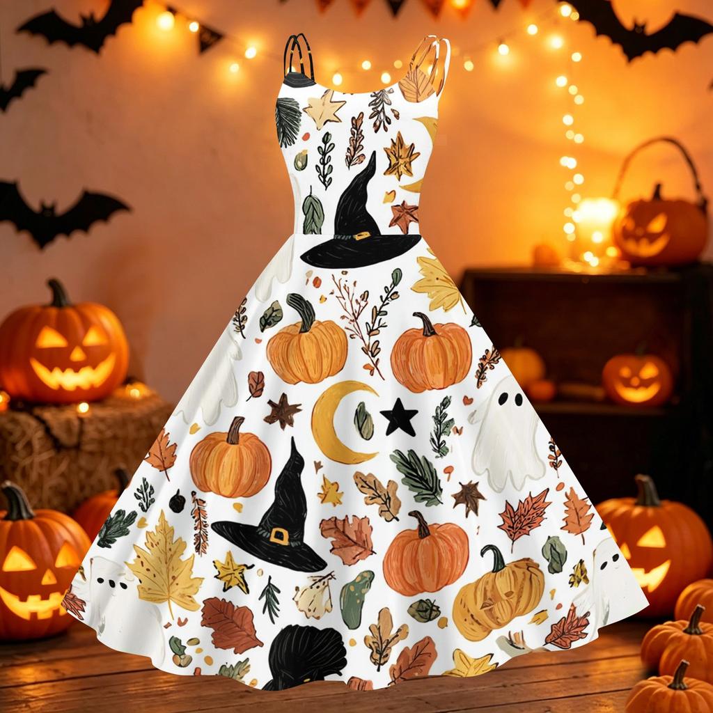 Womens Halloween Print Off Shoulder Punk Vintage Dress Sleeveless Spaghetti Strap A Line Midi Dress Casual Party Dress