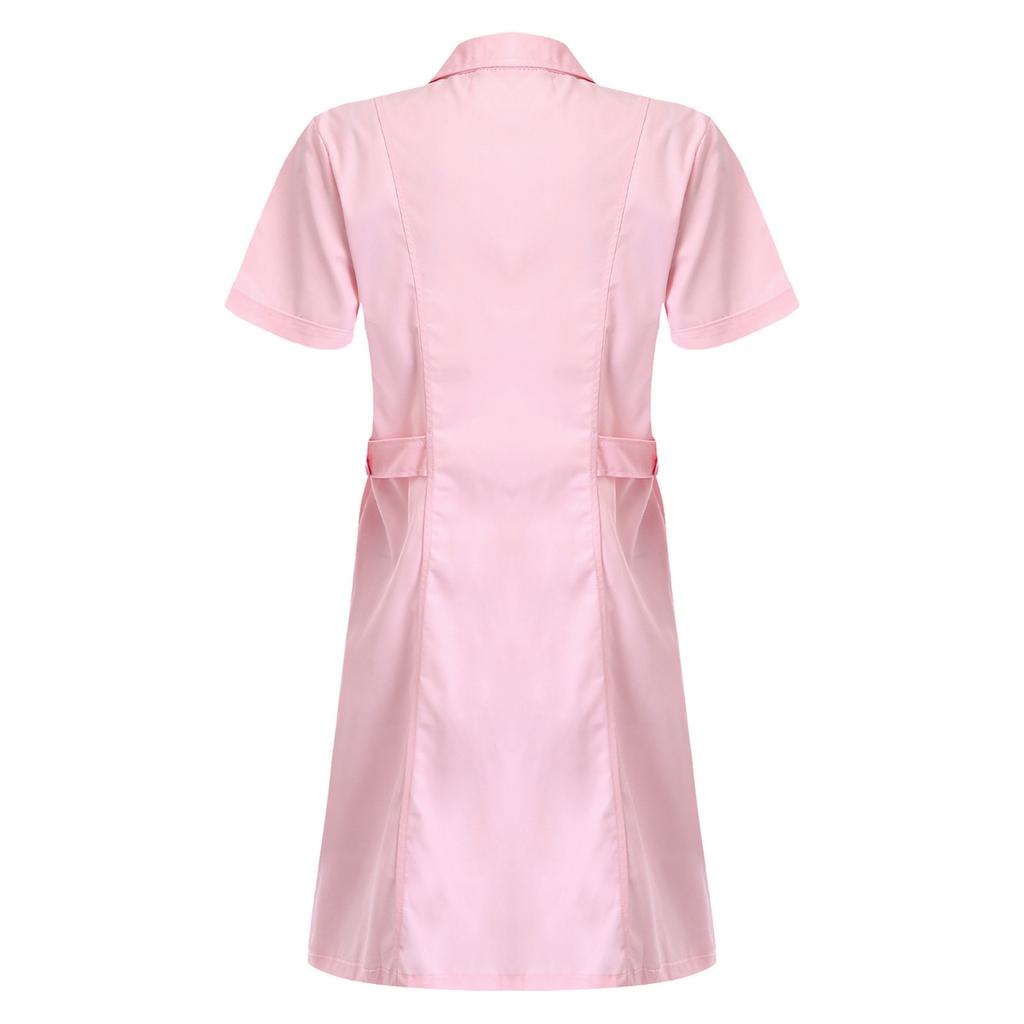 Donna Adulti Ospedale Infermiera Abito Scrub S-XXL - Colletto a Revers Manica Corta Abbottonatura Frontale Tinta Unita Camice da Laboratorio Uniforme