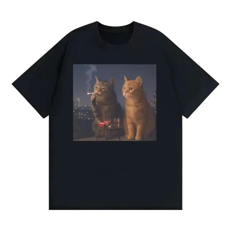 100 Bedrucktes Lustiges Katzenrauchen Muster Retro Entspannter Und Bequemer Stil T-Shirt