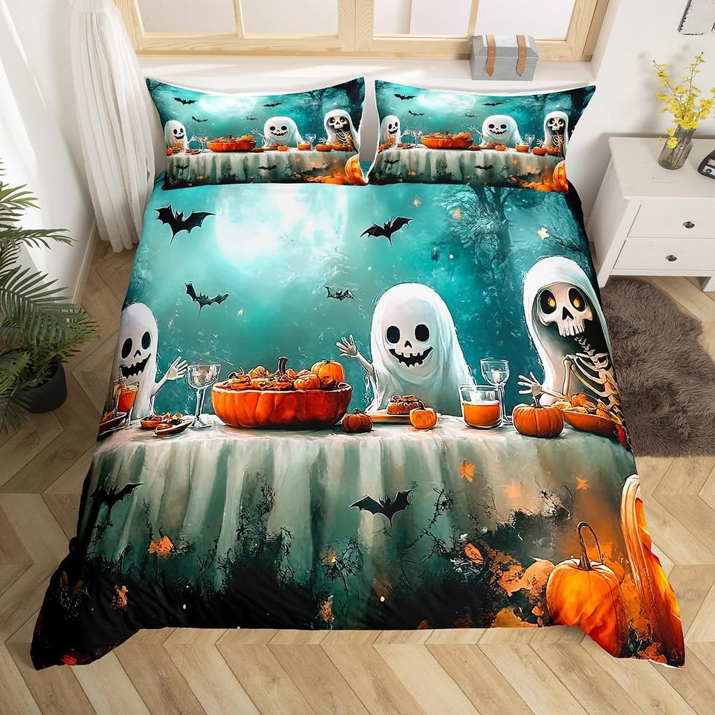 Comforter Happy Halloween Ghost Full Bedding Set For Boys Girl Spider Bat Black Cat Print Comforter Trick Or Treat Theme