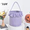 Holiday Decorative Storage Bins Halloween Basket, Plaid Ruffle Trick or Treat Candy Bucket with Handle Christmas Present Pouches for Kids, Reusable