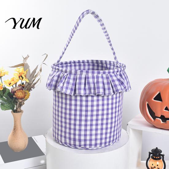 Holiday Decorative Storage Bins Halloween Basket, Plaid Ruffle Trick or Treat Candy Bucket with Handle Christmas Present Pouches for Kids, Reusable