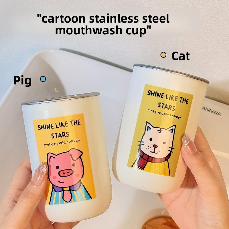 Stainless Steel Cups, Cartoon Mouthwash Cups, Cute Double-layer Toothbrush Cups, Stainless Steel Couple Mouthwash Cups