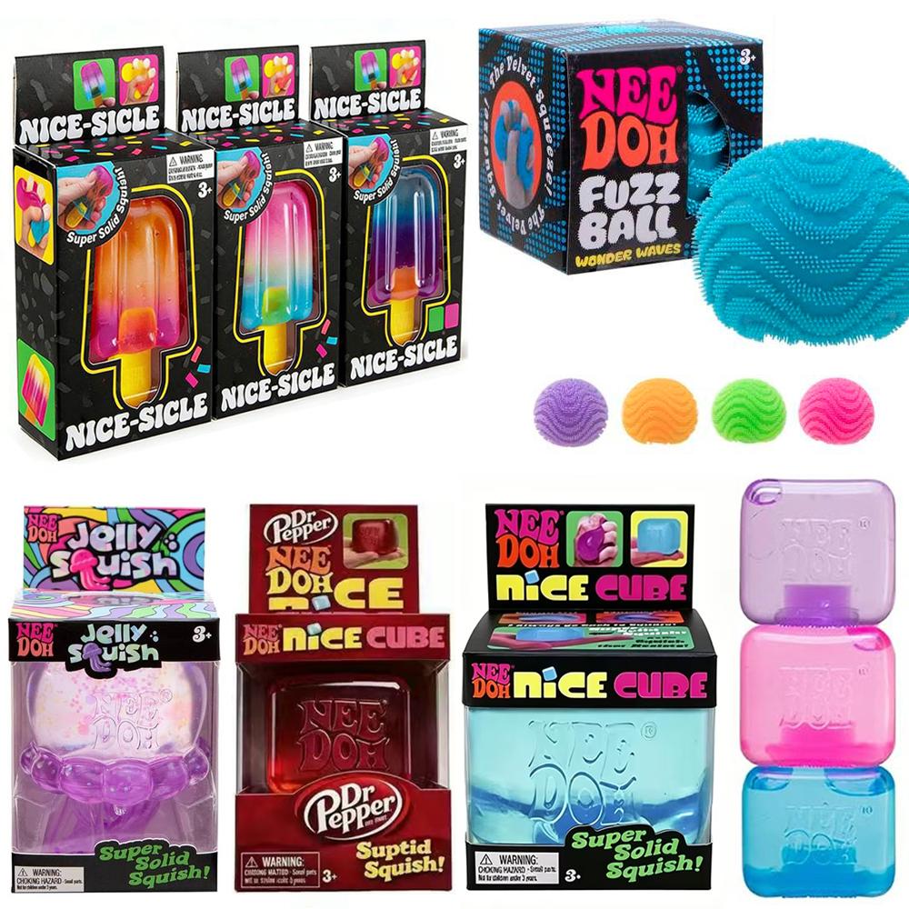 Schylling NeeDoh Complete Fidget Toy Super , Popsicle/Jellyfish/Ice Cube/Fuzz Ball Slow‑Rebound Squish Toys for Kids & Adults