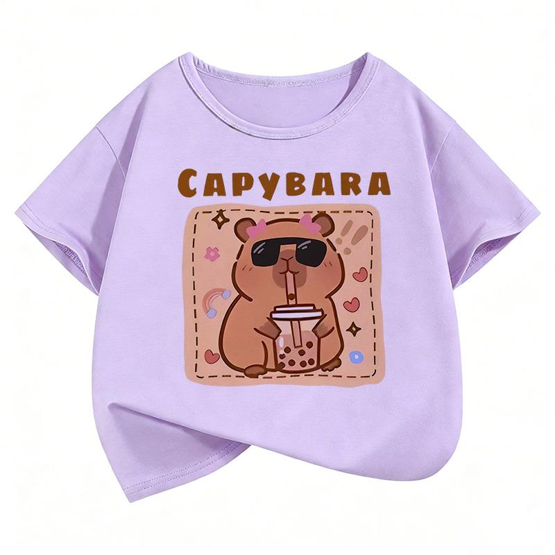 Boys and Girls Summer and Spring Casual Funny Capybara Drinking Juice Design Cartoon Children's T-shirt