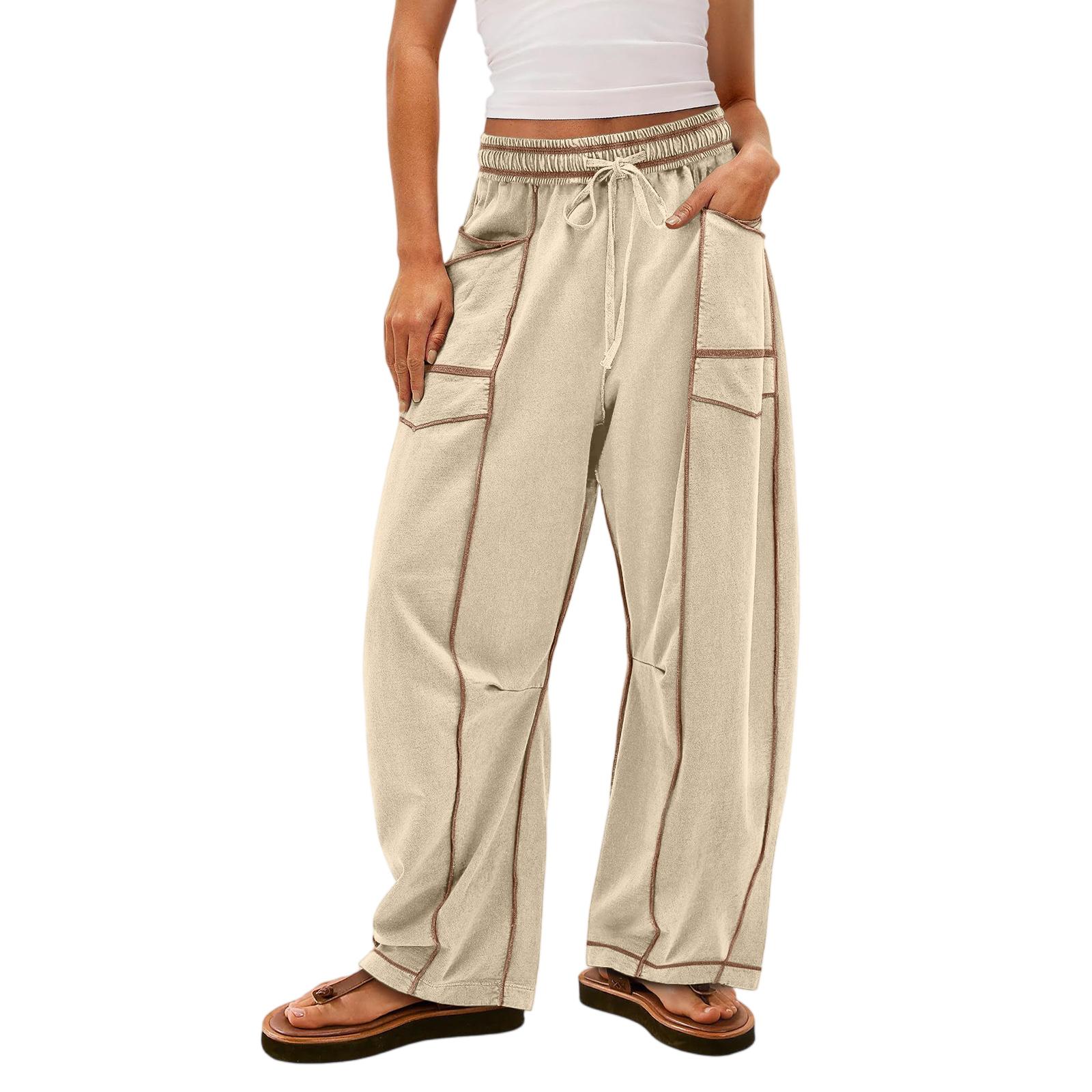

Women s Wide Leg Pants With High Waisted Straight Leg And Spliced Pocket Casual Pants L бежевий