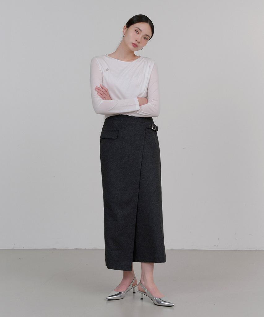 Illoje Asymmetrical Belt Wool Skirt (Charcoal)