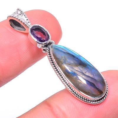 Natural Labradorite,Amethyst 925 Solid Sterling Silver Gift Pendant 1.58" b0H76