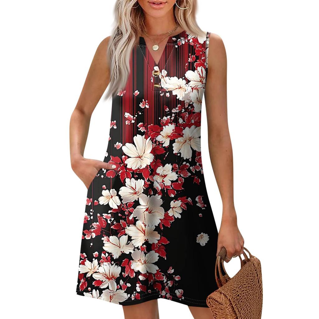 Dámská móda Ležérní potištěné V-neck knoflíky s kapsou Vesta Bez rukávů Šaty