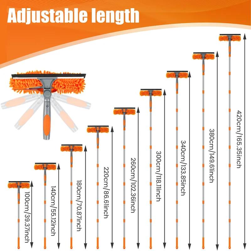 Kit Estensibile per Pulizia Finestre 100-420CM 2 in 1 Tergivetro Bipolare Pulitore Spolverino Mocio Strumenti per Pulizia Finestre Girevoli a 180°