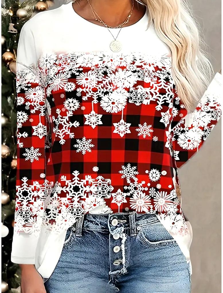 Women's long sleeve Polyester T-shirt 3D Print Christmas Theme snowflake Graphics Casual Loose Fit Crew Neck Long Sleeve Tops