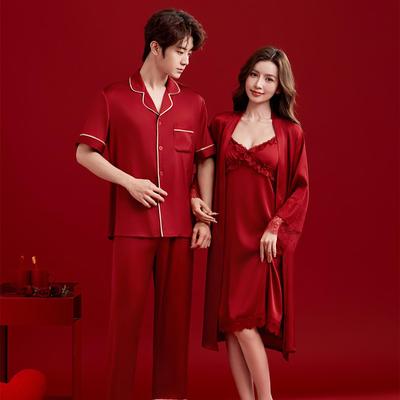 Red Silk Wedding Couple Pajamas Set: Men's and Women's Homewear Slip Dress & Robe