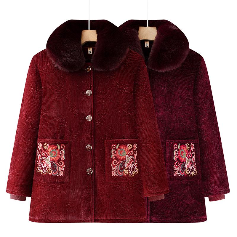 Winter Velvet-Lined Cotton Jacket with Fur Collar for Middle-Aged and Elderly Women – Embroidered Pockets
