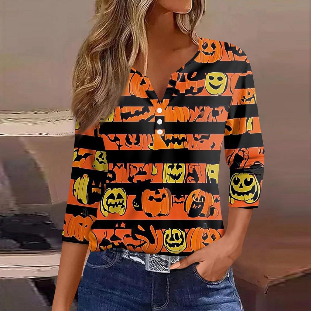 Damen T-Shirt Tee Halloween Bedruckt Knopf 3/4 Ärmel Tunika Täglich Wochenende Mode Basic V-Ausschnitt Reguläres Oberteil