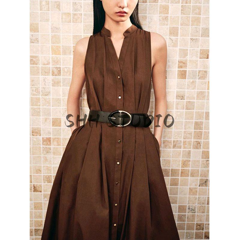 Summer New Women clothes Pleated Decorative Single-Breasted With Belt V-neck Sleeveless Midi Dress 5029101