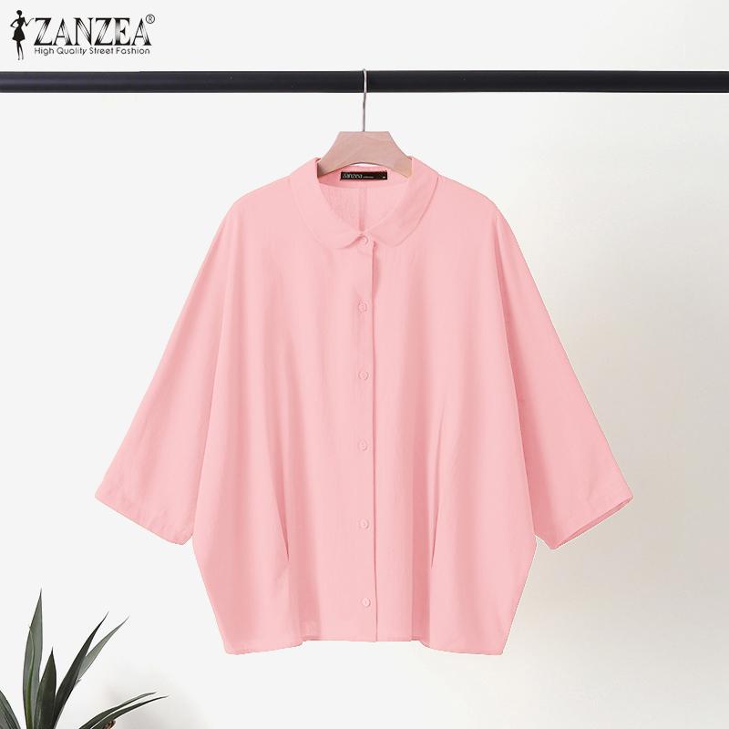ZANZEA Women Summer Doll Collar Loose Casual 3/4 Sleeve Blouse