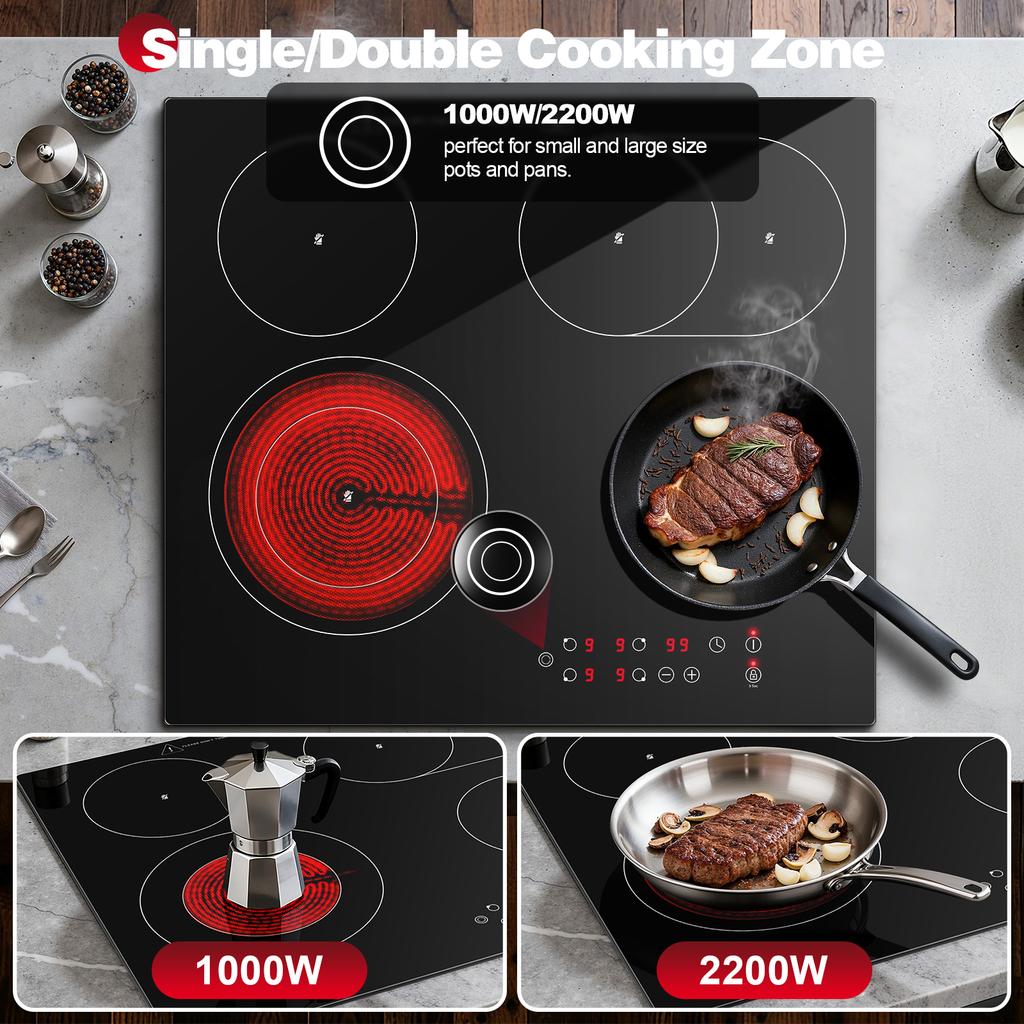 Glass Ceramic Hob 4 Plates, Built-in Hob 60 Cm, Hob 4 Hobs, 6600 W, Double & Oval Cooking Zone,, Touch, Timer, CHE66S244