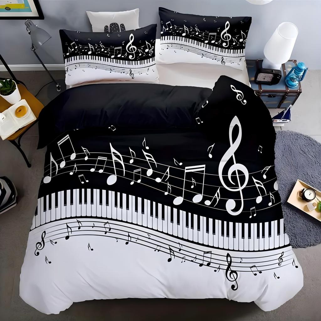 Piano Key Keyboard 3D Printed Quilt Cover Set Soft Home Textiles Bedding Cover Pillowcase Black White Note Style Duvet Cover Set
