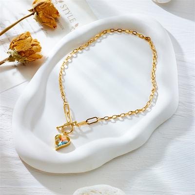 Gold Plated Stainless Steel Paperclip Chain Necklace With Multicolor Heart Crystal Pendant