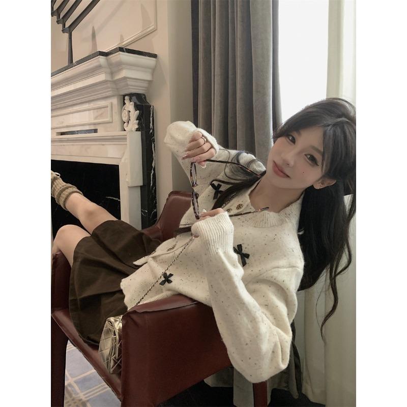 Short Knitted Cardigan Women's Autumn New Bow Design Loose Long-sleeved Sweater Jacket
