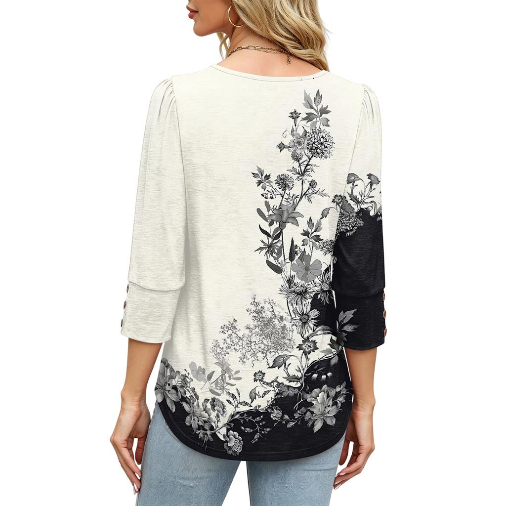 Women's Fashion Casual V Neck Loose Fit Three Quarter Sleeve Top Floral Print Lightweight Blouse Button Detail