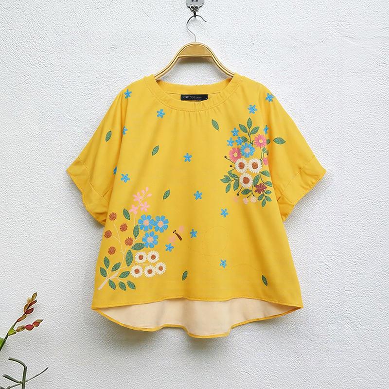 

ZANZEA Женская повседневная блузка с круглым вырезом, цветочным принтом и коротким рукавом 5XL жёлтый