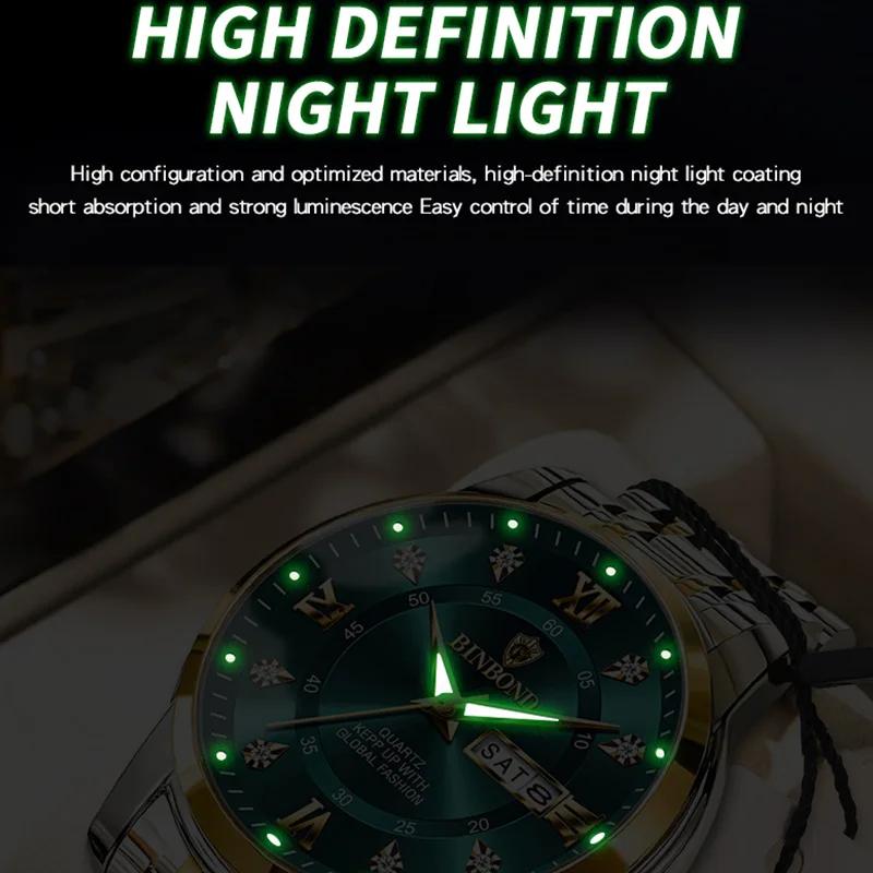 BINBOND Luxury Men Quartz Watch Waterproof Date Week Luminous Wristwatch Stainless Steel Men's Watches Male Clock Sports Reloj