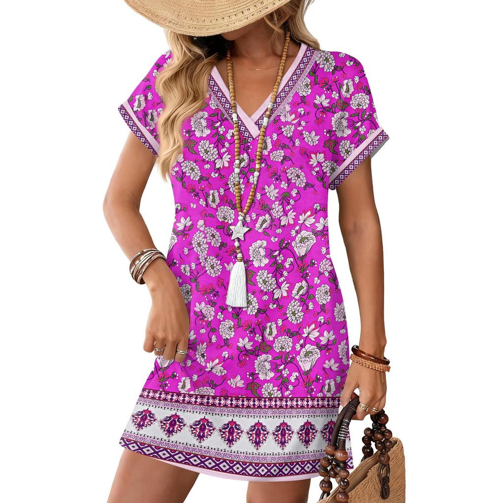 Women's Fashionable Floral Print V-neck Short Sleeved Pocket Casual Pullover Dress