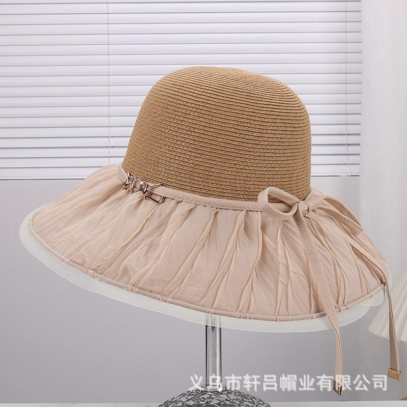 Summer new pleated bow light luxury temperament mesh gauze hat women's outdoor travel versatile big eaves fisherman hat