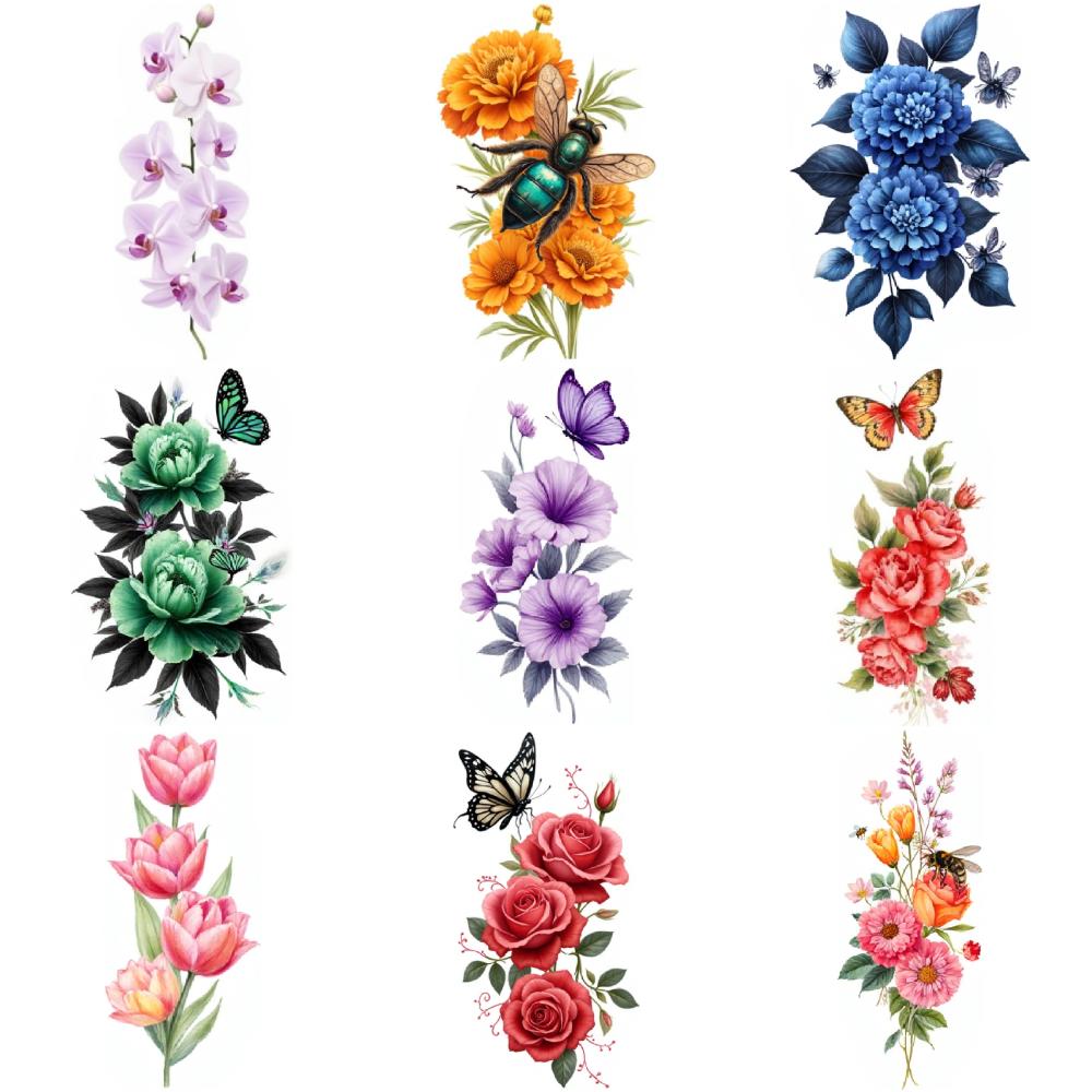 9Pcs Flower Temporary Tattoo Stickers For Women Body Art Fake Tattoo Sexy Rose Butterfly Peony Little Daisy Waterproof Tattoos
