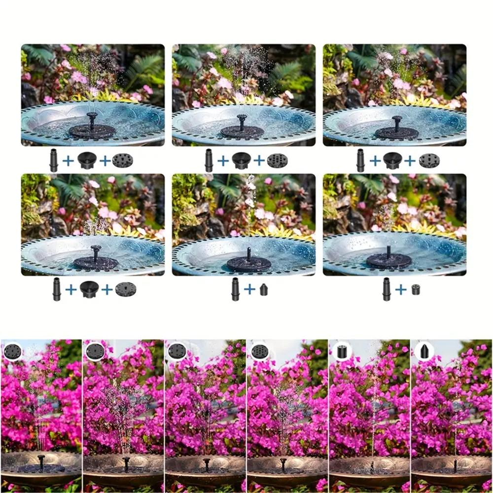 Solar Powered Mini Garden Pond Fountain Pump with 1.5W 7V Solar Panel High Lift 110cm Max Flow Rate 190L/H 6 Adjustable Spray