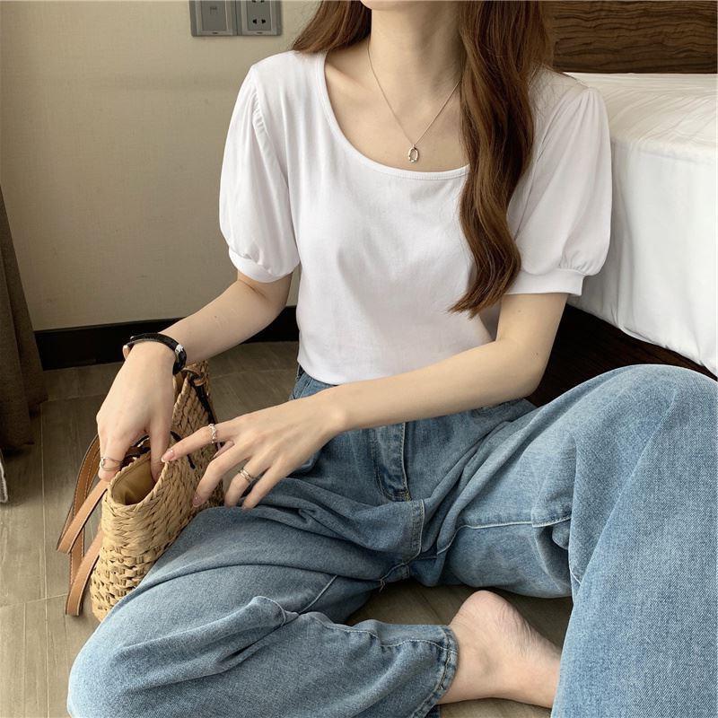 Puff Sleeve T-shirt for Women In Summer New French Design Low Round Neck Slim Fit Short Sleeve Student Top