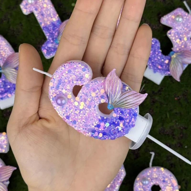 1pc Purple Mermaid Tail Glitter 0-9 Number Candle Decoration Anniversaire Birthday Party Candle Cake Decoration Toos for Girls