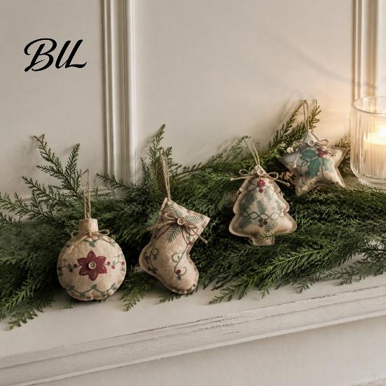Festive Garland Hanging Supplies Burlap Christmas Ornaments, Rustic Linen Fabric Decoration, Tree Ball Stocking Decor Star Shaped Vintage Farmhouse