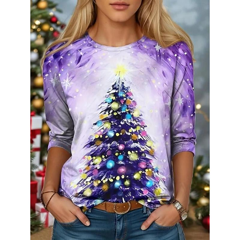 Women's T shirt Crew Neck Long Sleeve Tunic Holiday Sweatshirt Snowman Print Color Block Red