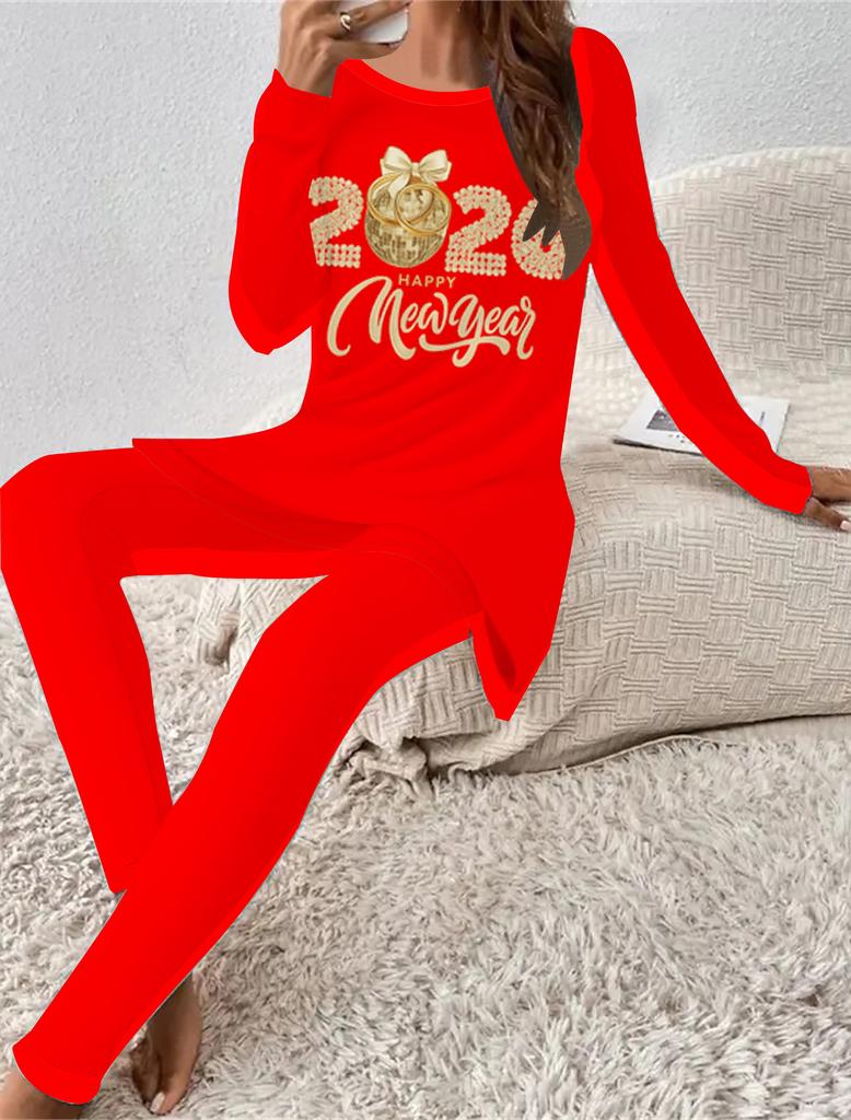 Euro-amerikanische Mode 3D Neujahrsdruck Damen Vier-Jahreszeiten Langarm-T-Shirt + Lange Hose Zweiteiliges Set. Das perfekte Geschenk für Neujahr