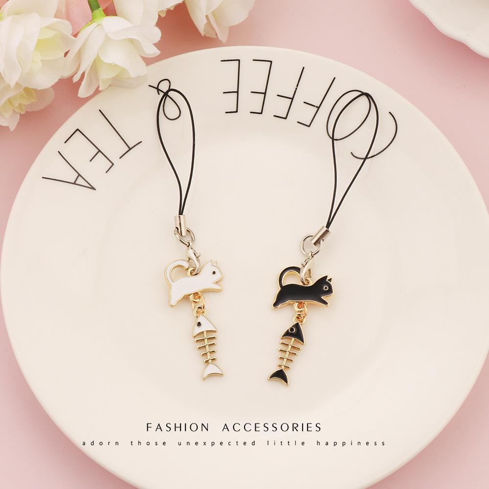 Cute Cat and Fishbone Couple Phone Lanyard, Matching Phone Pendant Strap, Cat Fishbone Couple Phone Case Chain Pendant for Boys and Girls