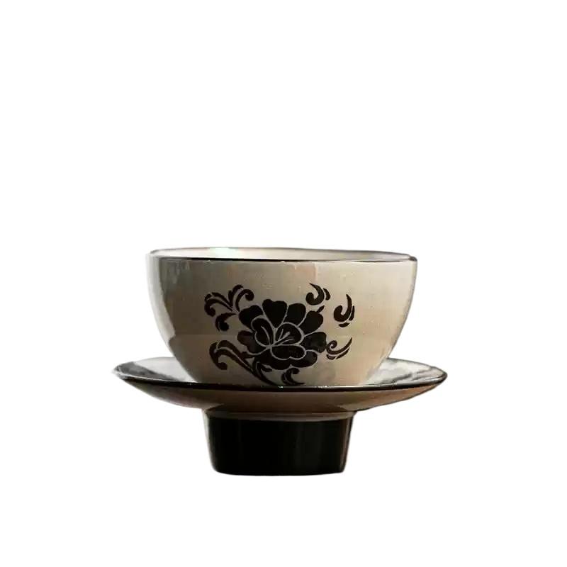 Min Kiln Carved Tasting Tea Cup Retro Style Small Tea Cup Kiln Green Gray Glaze Ceramic Household Chinese Kung Fu Tea Set