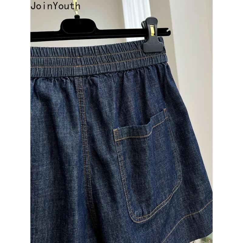 Shorts en Jean Décontractés à Taille Élastique pour Femmes Taille Haute Couleur Unie Jambe Large Pantalon Décontracté d'Été Shorts en Jean Bas