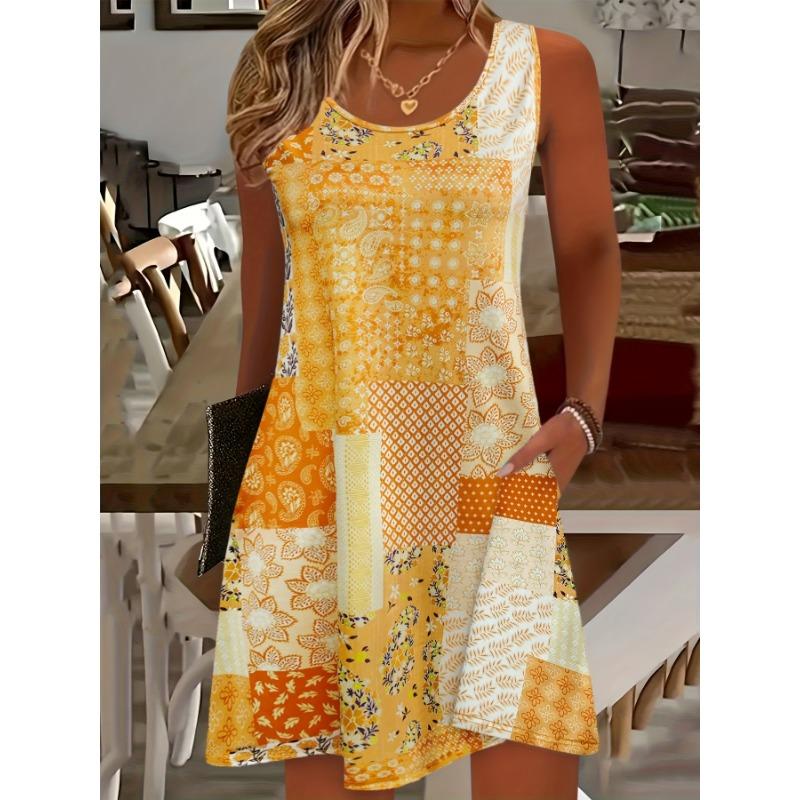 Vestido Floral Feminino de Verão Sem Mangas - Casual para Resort com Gola Redonda, com Bolsos, Lavável à Máquina, Adequado para Passeios na Praia e Festas Diárias