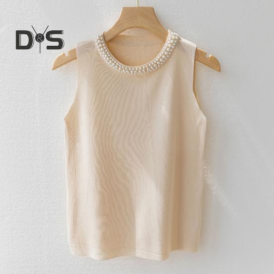 Damska kamizelka dziewiarska z okrągłym dekoltem, bez rękawów, sztuczne perły, ozdobne topy, dopasowany krój, jednolity kolor, rozciągliwe topy